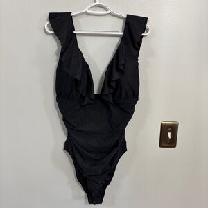 J.Crew Ruffle Shoulder V-Neck One-Piece Swimsuit Black size 16
